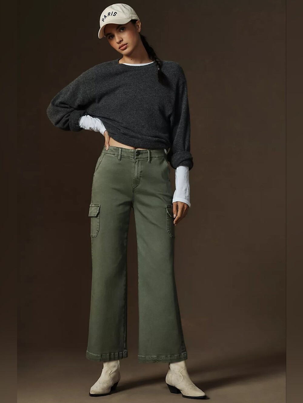 PAIGE Carly Cargo High Rise Crop Jeans Olive Green Wide Leg Size 30